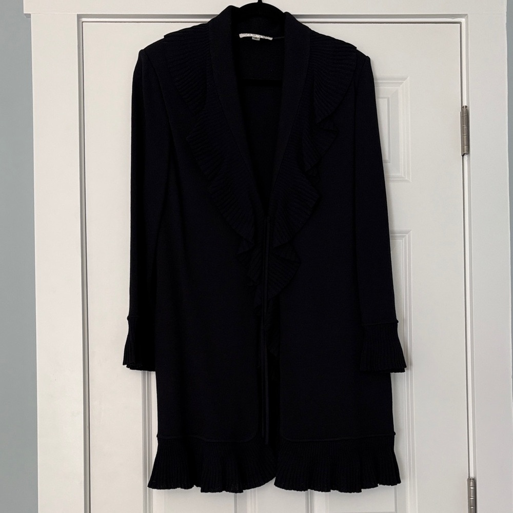 St. John Black Ruffle Trim Sweater Jacket